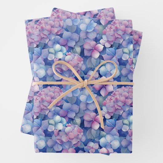 Feuille De Papier Cadeau Hydrangée rose bleu florale en fleur (En situation)