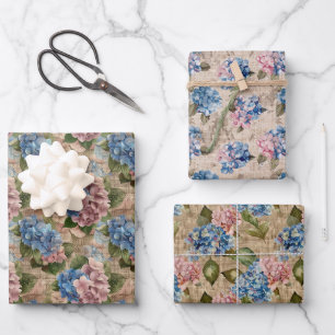 Feuille De Papier Cadeau Hydrangées bleues Motifs rustiques et fleurs roses