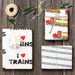Feuille De Papier Cadeau I Love Trains Enfants Photo et nom Motif Party