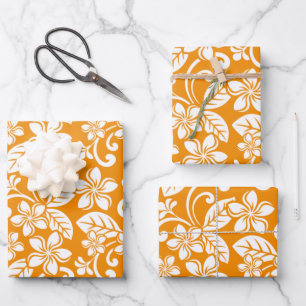 FEUILLE DE PAPIER CADEAU ÎLE PLUMERIA (ORANGE)