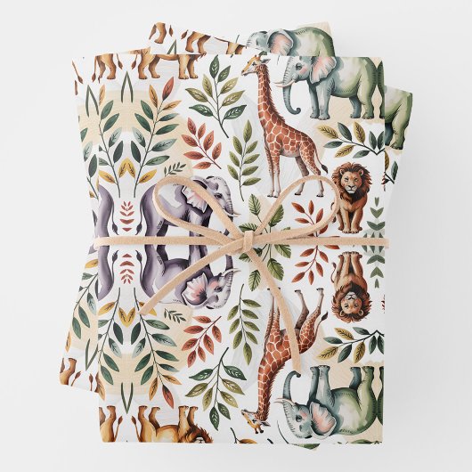 Feuille De Papier Cadeau Illustrated pattern featuring elephants, lions