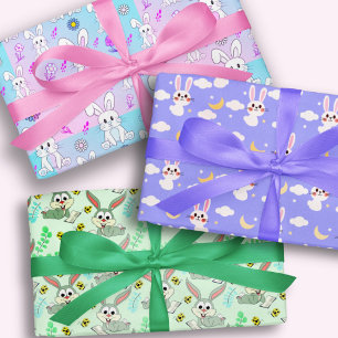 Feuille De Papier Cadeau Illustration de lapin mignon lapin rose vert lavan