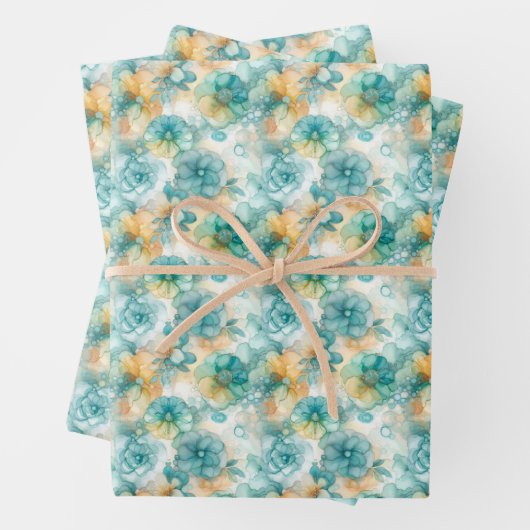 Feuille De Papier Cadeau Illustration turquoise de l'encre d'alcool jaune P (En situation)