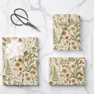 Feuille De Papier Cadeau Illustrations botaniques de fleurs et d'herbes de 