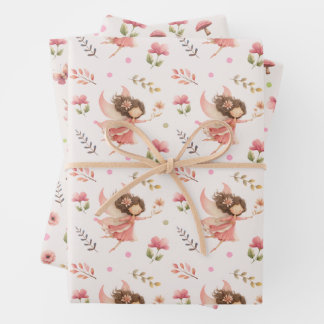 Feuille De Papier Cadeau Illustrations de fées et de fleurs, botanique rose