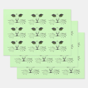 Feuille De Papier Cadeau Illustrations noires Chat face aux yeux verts Whis