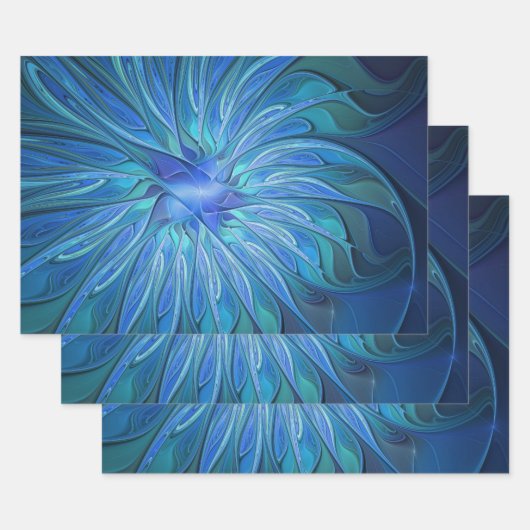 Feuille De Papier Cadeau Imaginaire Fleur Bleue Motif, Art Fractal Abstrait (Lot)