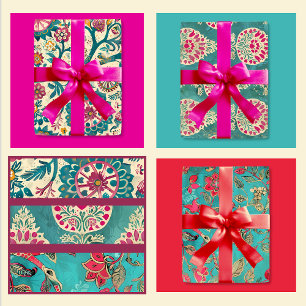 Feuille De Papier Cadeau Impression Batik Turquoise et Rose
