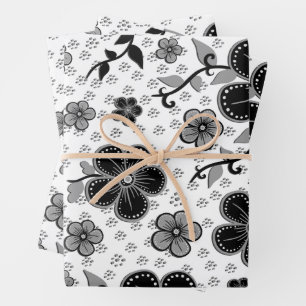 Feuille De Papier Cadeau Impression florale noire et blanche