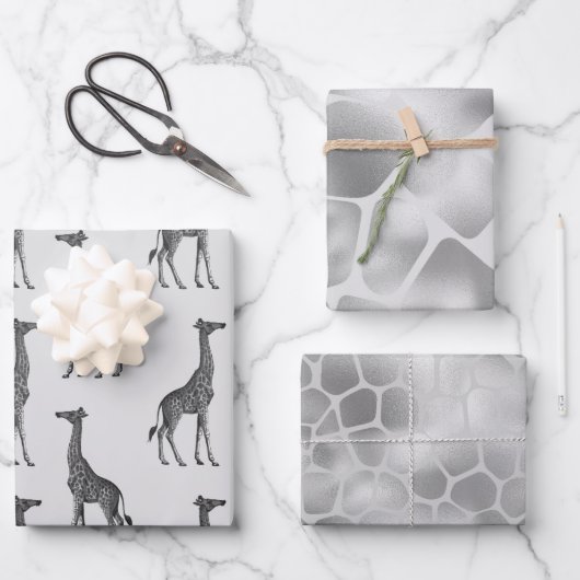 Feuille De Papier Cadeau Impression Giraffe Bleue Argent (Recto)