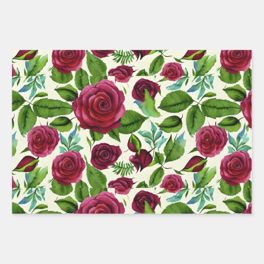 Feuille De Papier Cadeau Imprimé floral Roses Bourgogne (Devant)