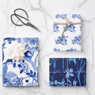 Feuille De Papier Cadeau Influence asiatique Chinoiserie Marine Bleu Blanc 