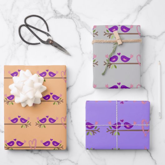 Feuille De Papier Cadeau Inséparables violets (Recto)