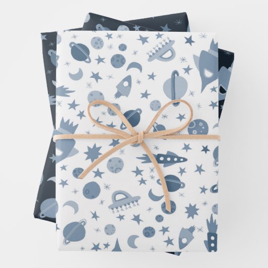 Feuille De Papier Cadeau J'Ai Besoin D'Espace UFO Rocket Planet Motif migne (En situation)