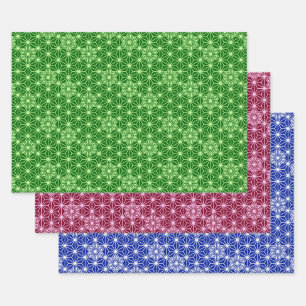 Feuille De Papier Cadeau Japonais Asanoha motif, Vert, Bourgogne, Bleu