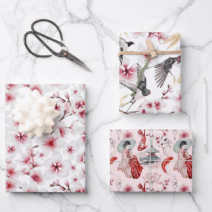 Feuille De Papier Cadeau Japonais Geisha Koi et Temple Aquarelles Wrappin