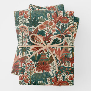 Feuille De Papier Cadeau Jardin Colonial Indien Eléphants Tigres Vintage