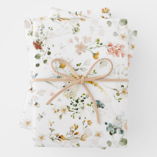 Feuille De Papier Cadeau Jardin Élégant de Fleurs Sauvages à l'Aquarelle   