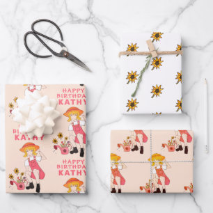 Feuille De Papier Cadeau Jardin fille avec tournesol Joyeux anniversaire