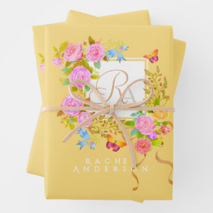 Feuille De Papier Cadeau Jardin fleuri romantique monogramme or jaune