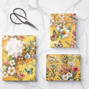 Feuille De Papier Cadeau Jardin Fleurie Dorée 3