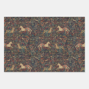 Feuille De Papier Cadeau Jardin Floral de Licorne Médiévale de Minuit