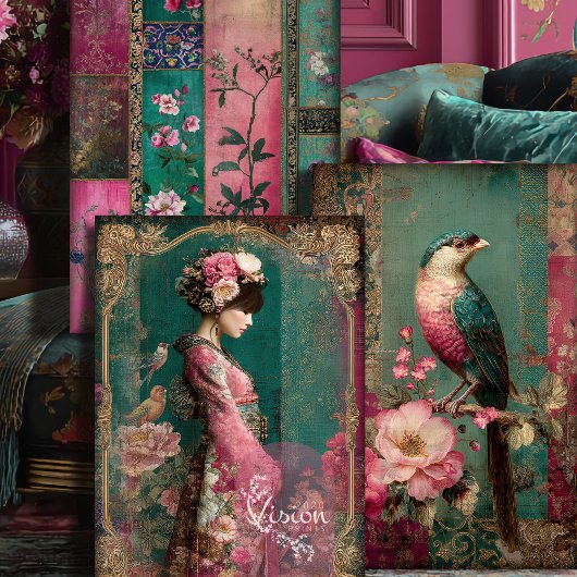 Feuille De Papier Cadeau Jardin Oriental, Portrait, Oiseau, Patchwork, Flor