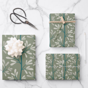 Feuille De Papier Cadeau Jardin Vert et Sarcelle Tiges Botanique Moderne