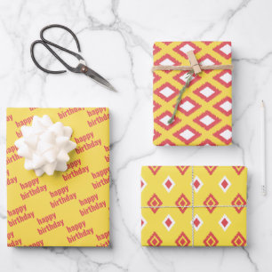 Feuille De Papier Cadeau Jaune et Rouge Tribal Diamond Ikat Motif Anniversa