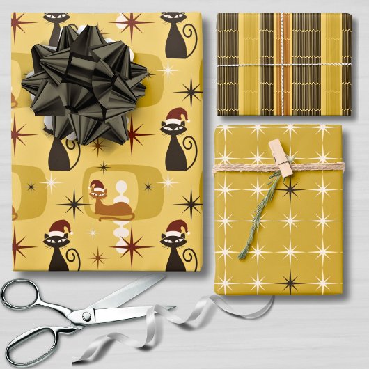 Feuille De Papier Cadeau Jaune Retro Mid Century Moderne Chat Noël