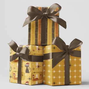 Feuille De Papier Cadeau Jaune Retro Mid Century Moderne Chat Noël