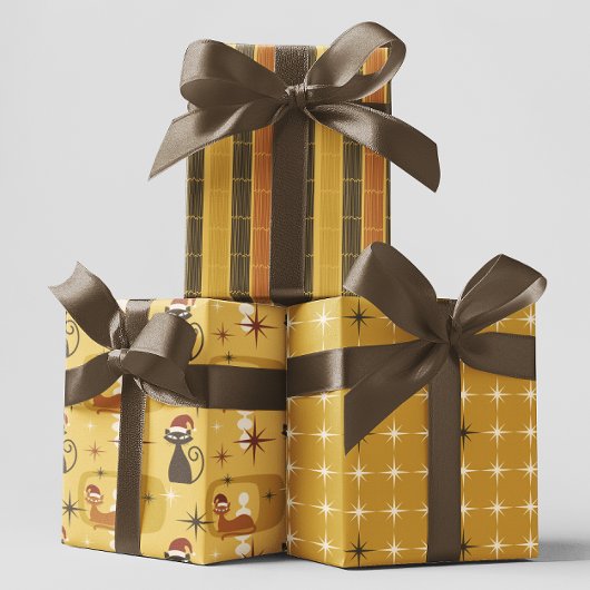 Feuille De Papier Cadeau Jaune Retro Mid Century Moderne Chat Noël