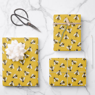 Feuille De Papier Cadeau Jaune Rustique Illustré Bumble Bee