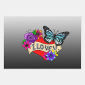 Feuille De Papier Cadeau Je T'Aime | Coeurs, Roses et papillons (Devant)