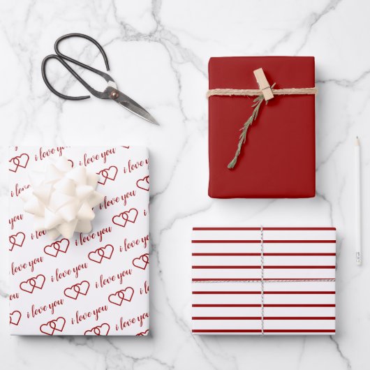 Feuille De Papier Cadeau Je t'aime Valentine Red Hearts Stripes (Recto)