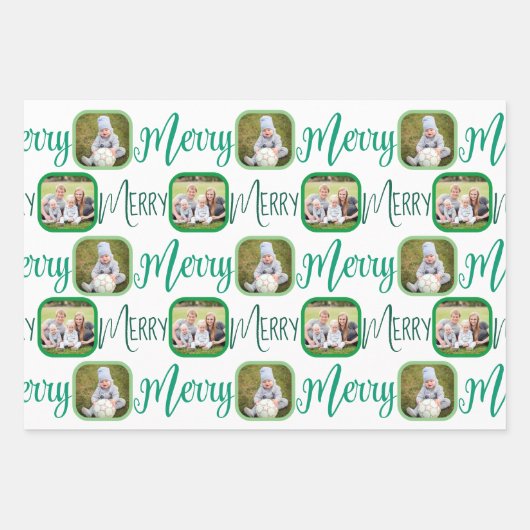 Feuille De Papier Cadeau JERY Script Vert sur blanc 4 Photo Noël (Devant)