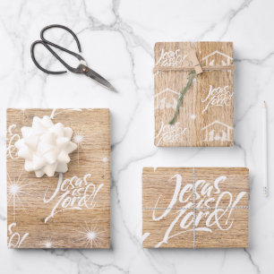 Feuille De Papier Cadeau Jésus est le Seigneur Noël Christian Rustic Wood