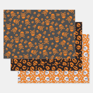 Feuille De Papier Cadeau Jeu de 3 crâne et crossbones Citrouille Orange