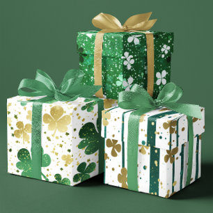 Feuille De Papier Cadeau Jeu de Festive Vert et Or Shamrock brillant de 3