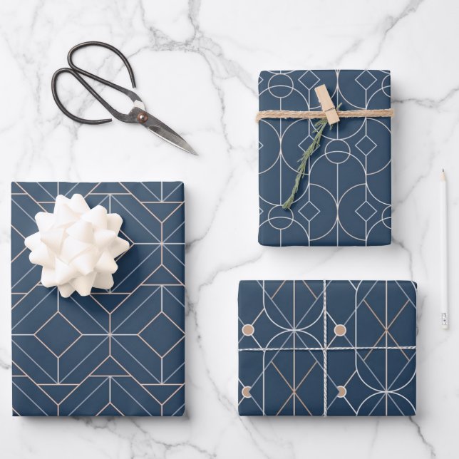 Feuille De Papier Cadeau Jeu de Motif bleu + or géométrique sans couture 2  (Front)