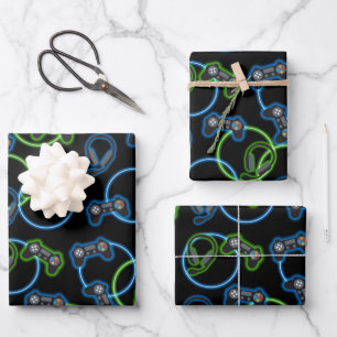 Feuille De Papier Cadeau Jeu vidéo Neon Blue & Green Motif
