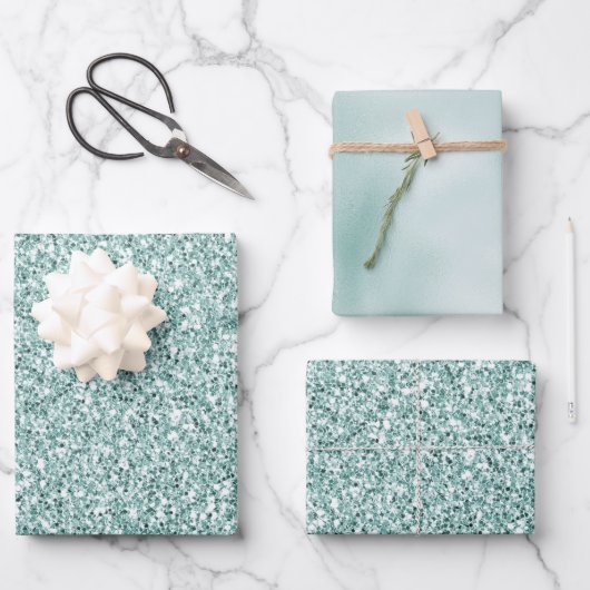Feuille De Papier Cadeau Joli Aqua Mint Glitzy Parties scintillant (Recto)