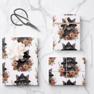 Feuille De Papier Cadeau Joli chat noir dans le chapeau d'une sorcière