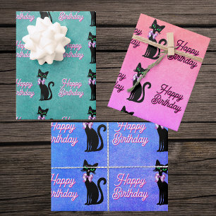 Feuille De Papier Cadeau Joli Chat Noir Yeux Verts Ruban Joyeux Anniversair