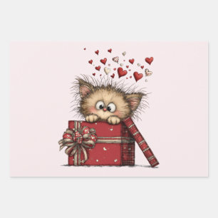 Feuille De Papier Cadeau Joli chaton de dessin animé dans une boîte avec de