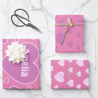 Feuille De Papier Cadeau Joli Coeur rose jeu de 3
