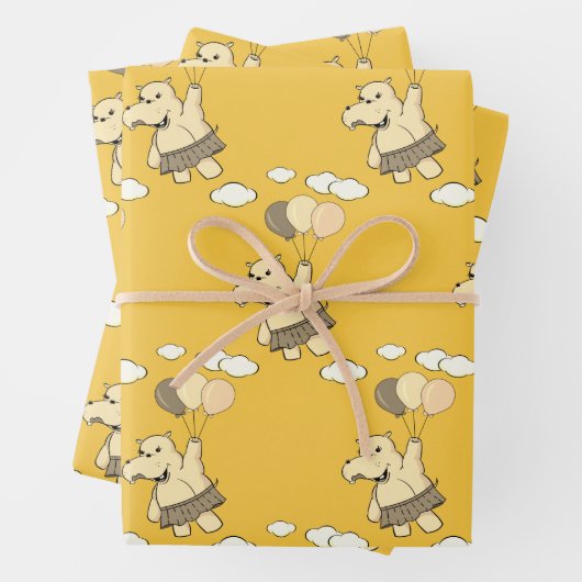Feuille De Papier Cadeau Joli Dessin Hippo Volant Avec Ballons (En situation)
