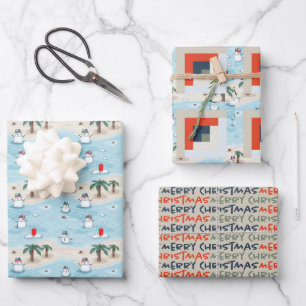 Feuille De Papier Cadeau Joli Dessin Snowmen en vacances à la plage