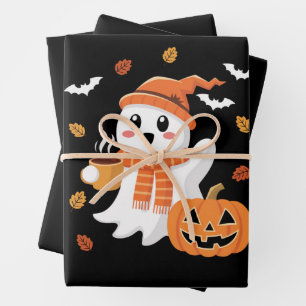 Feuille De Papier Cadeau Joli fantôme buvant un café glacé Halloween 