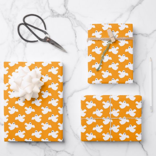 Feuille De Papier Cadeau Joli Fantôme Orange Halloween (Recto)